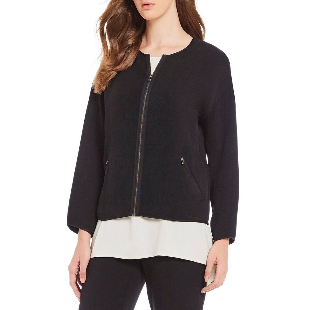 NWOT $378 Eileen Fisher Silk Sponge Bomber Jacket Black Zip Up Large L